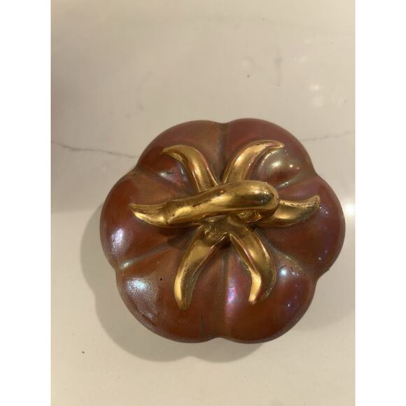 Vtg Fall Pumpkin Canister Orange Lusterware Iridescent Gold Lid Stem Cookie Jar - Picture 9 of 12